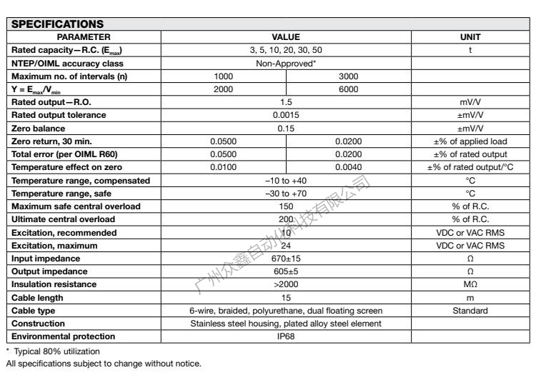 美国特迪亚 120-50T称重传感器产品技术参数